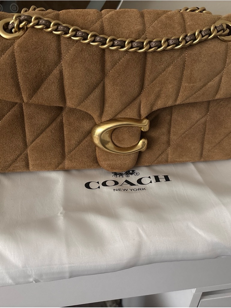 Pillow Tabby 26 Coach Quilted Suede Shoulder Bag In Camel With Gold Hardware